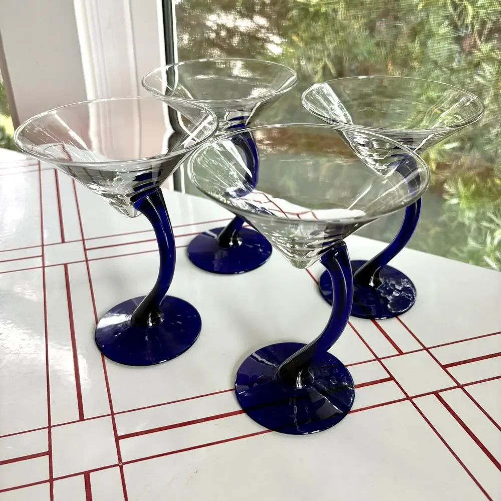 Vintage Libbey Bravura Martini Glasses Set of 4 Cobalt Blue Stem